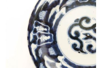 江戸期　古伊万里　染付　蛇文　約17cm　5.5寸　蛇のデザインが印象的な中皿2枚セット(雲龍、ヘビ、裏印、和皿、和食器、五寸五分)(R-078464)