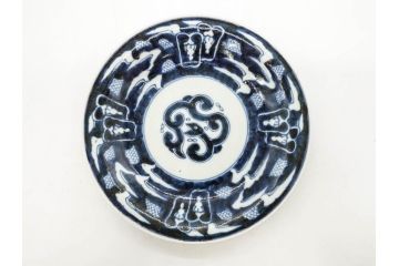 江戸期　古伊万里　染付　蛇文　約17cm　5.6寸　蛇のデザインが印象的な中皿3枚セット(雲龍、ヘビ、裏印、和皿、和食器、五寸六分)(R-078465)
