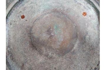 明治期　金工師　幸照刻　宣徳銅　銀象嵌　月梅耳松紋漢詩　漢詩が彫り込まれた趣のある火鉢(双耳、木台付き、銅製、三足火鉢、竹節形、手あぶり)(R-078466)