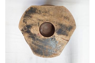 明治期　金工師　幸照刻　宣徳銅　銀象嵌　月梅耳松紋漢詩　漢詩が彫り込まれた趣のある火鉢(双耳、木台付き、銅製、三足火鉢、竹節形、手あぶり)(R-078466)