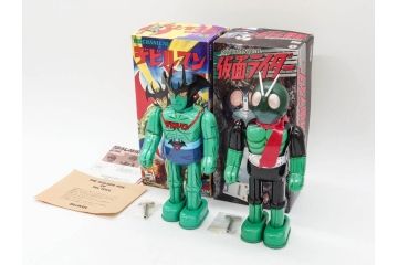ビリケン商会　デビルマン　仮面ライダー　ブリキのおもちゃ2点セット(石森プロ、永井 豪、ゼンマイ歩行、フィギュア、人形、玩具、特撮、ヒーロー、外箱付き、日本製)(R-078468)