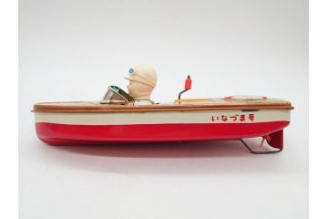 爆音ボート いなづま号　ハーフトラック(HALF TRUCK)　機関車(SUPER LOCOMOTIVE)　ジープ(FRICTION JEEP)　ゾウノタイコタタキ　ロケット(M.P.-1ROCKET)　ブリキのおもちゃ6点セット(乗り物、船、車、列車、ゼンマイ、フィギュア、人形、玩具、外箱付き、日本製)(R-078505)
