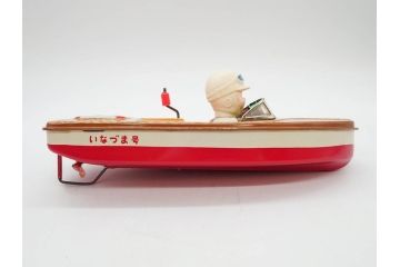 爆音ボート いなづま号　ハーフトラック(HALF TRUCK)　機関車(SUPER LOCOMOTIVE)　ジープ(FRICTION JEEP)　ゾウノタイコタタキ　ロケット(M.P.-1ROCKET)　ブリキのおもちゃ6点セット(乗り物、船、車、列車、ゼンマイ、フィギュア、人形、玩具、外箱付き、日本製)(R-078505)
