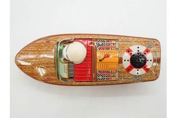 爆音ボート いなづま号　ハーフトラック(HALF TRUCK)　機関車(SUPER LOCOMOTIVE)　ジープ(FRICTION JEEP)　ゾウノタイコタタキ　ロケット(M.P.-1ROCKET)　ブリキのおもちゃ6点セット(乗り物、船、車、列車、ゼンマイ、フィギュア、人形、玩具、外箱付き、日本製)(R-078505)