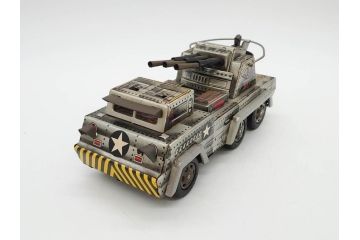 爆音ボート いなづま号　ハーフトラック(HALF TRUCK)　機関車(SUPER LOCOMOTIVE)　ジープ(FRICTION JEEP)　ゾウノタイコタタキ　ロケット(M.P.-1ROCKET)　ブリキのおもちゃ6点セット(乗り物、船、車、列車、ゼンマイ、フィギュア、人形、玩具、外箱付き、日本製)(R-078505)