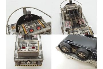 爆音ボート いなづま号　ハーフトラック(HALF TRUCK)　機関車(SUPER LOCOMOTIVE)　ジープ(FRICTION JEEP)　ゾウノタイコタタキ　ロケット(M.P.-1ROCKET)　ブリキのおもちゃ6点セット(乗り物、船、車、列車、ゼンマイ、フィギュア、人形、玩具、外箱付き、日本製)(R-078505)
