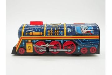 爆音ボート いなづま号　ハーフトラック(HALF TRUCK)　機関車(SUPER LOCOMOTIVE)　ジープ(FRICTION JEEP)　ゾウノタイコタタキ　ロケット(M.P.-1ROCKET)　ブリキのおもちゃ6点セット(乗り物、船、車、列車、ゼンマイ、フィギュア、人形、玩具、外箱付き、日本製)(R-078505)