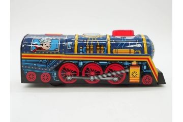 爆音ボート いなづま号　ハーフトラック(HALF TRUCK)　機関車(SUPER LOCOMOTIVE)　ジープ(FRICTION JEEP)　ゾウノタイコタタキ　ロケット(M.P.-1ROCKET)　ブリキのおもちゃ6点セット(乗り物、船、車、列車、ゼンマイ、フィギュア、人形、玩具、外箱付き、日本製)(R-078505)