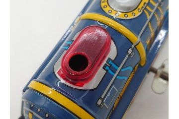 爆音ボート いなづま号　ハーフトラック(HALF TRUCK)　機関車(SUPER LOCOMOTIVE)　ジープ(FRICTION JEEP)　ゾウノタイコタタキ　ロケット(M.P.-1ROCKET)　ブリキのおもちゃ6点セット(乗り物、船、車、列車、ゼンマイ、フィギュア、人形、玩具、外箱付き、日本製)(R-078505)