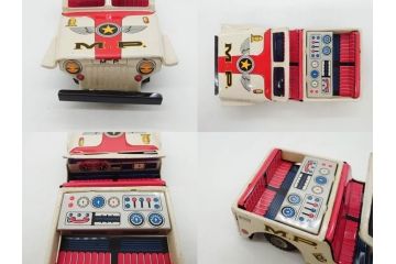 爆音ボート いなづま号　ハーフトラック(HALF TRUCK)　機関車(SUPER LOCOMOTIVE)　ジープ(FRICTION JEEP)　ゾウノタイコタタキ　ロケット(M.P.-1ROCKET)　ブリキのおもちゃ6点セット(乗り物、船、車、列車、ゼンマイ、フィギュア、人形、玩具、外箱付き、日本製)(R-078505)