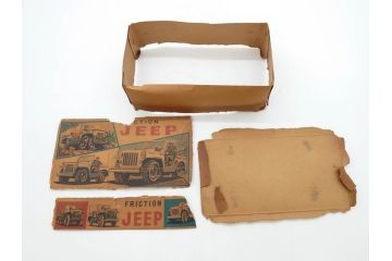 爆音ボート いなづま号　ハーフトラック(HALF TRUCK)　機関車(SUPER LOCOMOTIVE)　ジープ(FRICTION JEEP)　ゾウノタイコタタキ　ロケット(M.P.-1ROCKET)　ブリキのおもちゃ6点セット(乗り物、船、車、列車、ゼンマイ、フィギュア、人形、玩具、外箱付き、日本製)(R-078505)