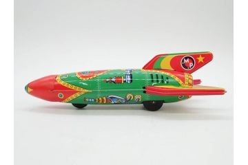 爆音ボート いなづま号　ハーフトラック(HALF TRUCK)　機関車(SUPER LOCOMOTIVE)　ジープ(FRICTION JEEP)　ゾウノタイコタタキ　ロケット(M.P.-1ROCKET)　ブリキのおもちゃ6点セット(乗り物、船、車、列車、ゼンマイ、フィギュア、人形、玩具、外箱付き、日本製)(R-078505)