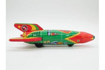 爆音ボート いなづま号　ハーフトラック(HALF TRUCK)　機関車(SUPER LOCOMOTIVE)　ジープ(FRICTION JEEP)　ゾウノタイコタタキ　ロケット(M.P.-1ROCKET)　ブリキのおもちゃ6点セット(乗り物、船、車、列車、ゼンマイ、フィギュア、人形、玩具、外箱付き、日本製)(R-078505)
