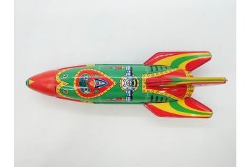 爆音ボート いなづま号　ハーフトラック(HALF TRUCK)　機関車(SUPER LOCOMOTIVE)　ジープ(FRICTION JEEP)　ゾウノタイコタタキ　ロケット(M.P.-1ROCKET)　ブリキのおもちゃ6点セット(乗り物、船、車、列車、ゼンマイ、フィギュア、人形、玩具、外箱付き、日本製)(R-078505)