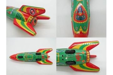 爆音ボート いなづま号　ハーフトラック(HALF TRUCK)　機関車(SUPER LOCOMOTIVE)　ジープ(FRICTION JEEP)　ゾウノタイコタタキ　ロケット(M.P.-1ROCKET)　ブリキのおもちゃ6点セット(乗り物、船、車、列車、ゼンマイ、フィギュア、人形、玩具、外箱付き、日本製)(R-078505)