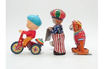 NEWS-BOY　三輪車(VELOCIPEDE)　ACROBAT MONKEY　WHISTLING SPACE TOP SET　ジャンピングコマ　かんらん車　Playland Express　のりものあそび　FAIRYLAND TRAIN SET　HIGHWAY SET　ブリキのおもちゃ10点セット(猿、遊園地、観覧車、乗り物、ゼンマイ歩行、フィギュア、人形、玩具、日本製)(R-078506)