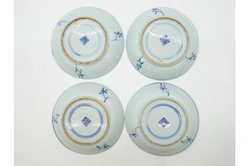 時代物　中国　唐物　古玩　古染付　青い染付のデザインが印象的な中皿4枚セット(皿、古器、食器、唐草、なます皿、中国美術)(R-078510)