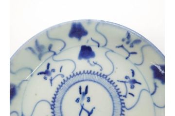 時代物　中国　唐物　古玩　古染付　青い染付のデザインが印象的な中皿4枚セット(皿、古器、食器、唐草、なます皿、中国美術)(R-078510)