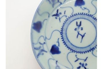 時代物　中国　唐物　古玩　古染付　青い染付のデザインが印象的な中皿4枚セット(皿、古器、食器、唐草、なます皿、中国美術)(R-078510)