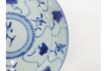 時代物　中国　唐物　古玩　古染付　青い染付のデザインが印象的な中皿4枚セット(皿、古器、食器、唐草、なます皿、中国美術)(R-078510)
