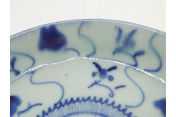 時代物　中国　唐物　古玩　古染付　青い染付のデザインが印象的な中皿4枚セット(皿、古器、食器、唐草、なます皿、中国美術)(R-078510)