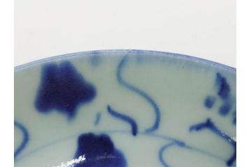時代物　中国　唐物　古玩　古染付　青い染付のデザインが印象的な中皿4枚セット(皿、古器、食器、唐草、なます皿、中国美術)(R-078510)