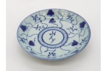 時代物　中国　唐物　古玩　古染付　青い染付のデザインが印象的な中皿4枚セット(皿、古器、食器、唐草、なます皿、中国美術)(R-078510)