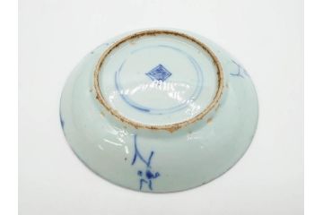 時代物　中国　唐物　古玩　古染付　青い染付のデザインが印象的な中皿4枚セット(皿、古器、食器、唐草、なます皿、中国美術)(R-078510)