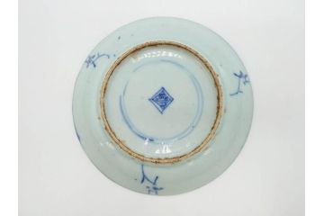 時代物　中国　唐物　古玩　古染付　青い染付のデザインが印象的な中皿4枚セット(皿、古器、食器、唐草、なます皿、中国美術)(R-078510)