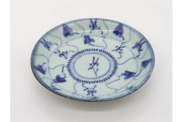 時代物　中国　唐物　古玩　古染付　青い染付のデザインが印象的な中皿4枚セット(皿、古器、食器、唐草、なます皿、中国美術)(R-078510)