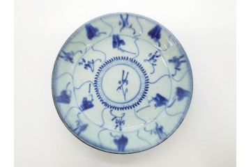 時代物　中国　唐物　古玩　古染付　青い染付のデザインが印象的な中皿4枚セット(皿、古器、食器、唐草、なます皿、中国美術)(R-078510)