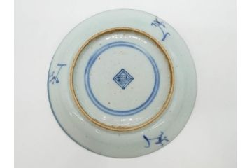 時代物　中国　唐物　古玩　古染付　青い染付のデザインが印象的な中皿4枚セット(皿、古器、食器、唐草、なます皿、中国美術)(R-078510)