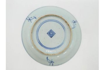時代物　中国　唐物　古玩　古染付　青い染付のデザインが印象的な中皿4枚セット(皿、古器、食器、唐草、なます皿、中国美術)(R-078510)