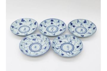 時代物　中国　唐物　古玩　古染付　青い染付のデザインが印象的な中皿5枚セット(皿、古器、食器、唐草、なます皿、中国美術)(R-078511)