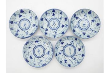 時代物　中国　唐物　古玩　古染付　青い染付のデザインが印象的な中皿5枚セット(皿、古器、食器、唐草、なます皿、中国美術)(R-078511)