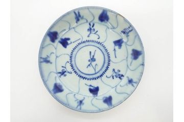 時代物　中国　唐物　古玩　古染付　青い染付のデザインが印象的な中皿5枚セット(皿、古器、食器、唐草、なます皿、中国美術)(R-078511)