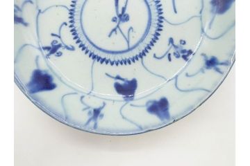 時代物　中国　唐物　古玩　古染付　青い染付のデザインが印象的な中皿5枚セット(皿、古器、食器、唐草、なます皿、中国美術)(R-078511)