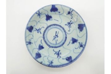 時代物　中国　唐物　古玩　古染付　青い染付のデザインが印象的な中皿5枚セット(皿、古器、食器、唐草、なます皿、中国美術)(R-078511)