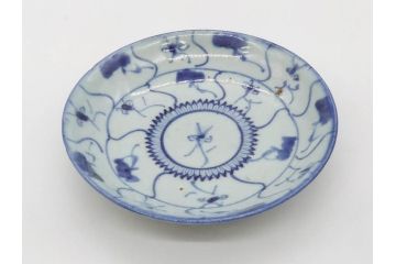 時代物　中国　唐物　古玩　古染付　青い染付のデザインが印象的な中皿5枚セット(皿、古器、食器、唐草、なます皿、中国美術)(R-078511)