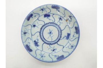 時代物　中国　唐物　古玩　古染付　青い染付のデザインが印象的な中皿5枚セット(皿、古器、食器、唐草、なます皿、中国美術)(R-078511)