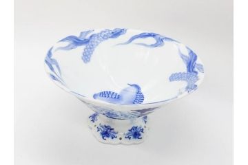 大正〜昭和初期　深川製磁　オールド深川　ウズラ紋　染付　約25cm　8寸　繊細に絵付けされた深鉢(うずら、草花、皿、深皿、八寸、和皿、和食器)(R-078512)