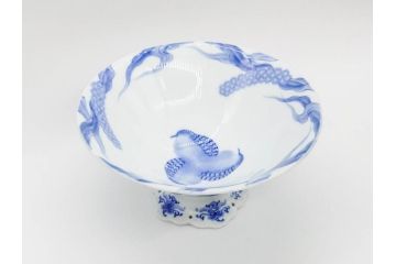 大正〜昭和初期　深川製磁　オールド深川　ウズラ紋　染付　約25cm　8寸　繊細に絵付けされた深鉢(うずら、草花、皿、深皿、八寸、和皿、和食器)(R-078512)
