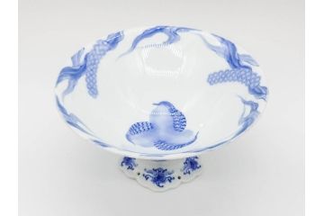 大正〜昭和初期　深川製磁　オールド深川　ウズラ紋　染付　約25cm　8寸　繊細に絵付けされた深鉢(うずら、草花、皿、深皿、八寸、和皿、和食器)(R-078512)