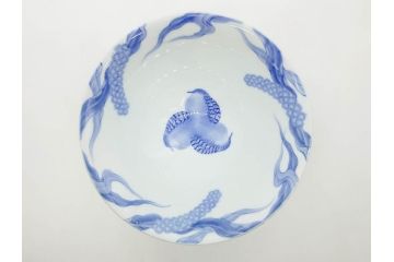 大正〜昭和初期　深川製磁　オールド深川　ウズラ紋　染付　約25cm　8寸　繊細に絵付けされた深鉢(うずら、草花、皿、深皿、八寸、和皿、和食器)(R-078512)