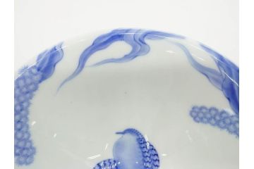 大正〜昭和初期　深川製磁　オールド深川　ウズラ紋　染付　約25cm　8寸　繊細に絵付けされた深鉢(うずら、草花、皿、深皿、八寸、和皿、和食器)(R-078512)