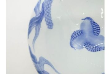 大正〜昭和初期　深川製磁　オールド深川　ウズラ紋　染付　約25cm　8寸　繊細に絵付けされた深鉢(うずら、草花、皿、深皿、八寸、和皿、和食器)(R-078512)