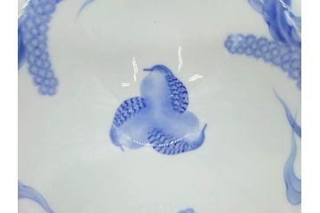 大正〜昭和初期　深川製磁　オールド深川　ウズラ紋　染付　約25cm　8寸　繊細に絵付けされた深鉢(うずら、草花、皿、深皿、八寸、和皿、和食器)(R-078512)