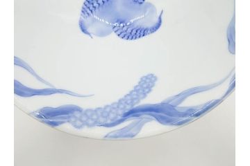 大正〜昭和初期　深川製磁　オールド深川　ウズラ紋　染付　約25cm　8寸　繊細に絵付けされた深鉢(うずら、草花、皿、深皿、八寸、和皿、和食器)(R-078512)