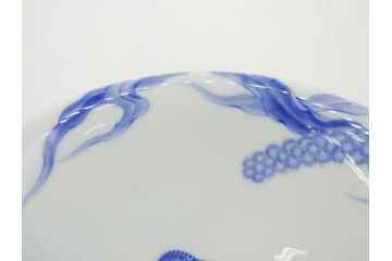 大正〜昭和初期　深川製磁　オールド深川　ウズラ紋　染付　約25cm　8寸　繊細に絵付けされた深鉢(うずら、草花、皿、深皿、八寸、和皿、和食器)(R-078512)