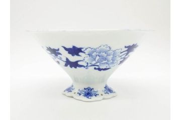 大正〜昭和初期　深川製磁　オールド深川　ウズラ紋　染付　約25cm　8寸　繊細に絵付けされた深鉢(うずら、草花、皿、深皿、八寸、和皿、和食器)(R-078512)